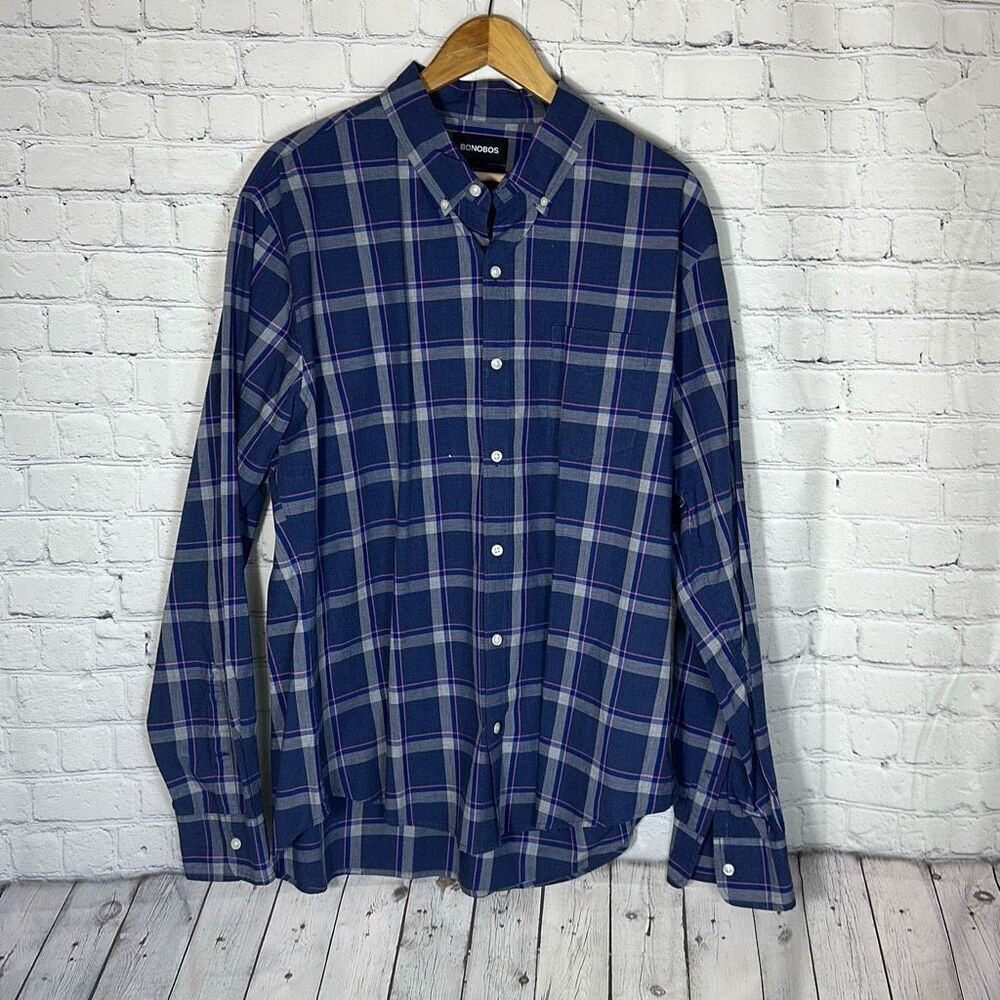 Bonobos Men Slim‎ Fit Button Down Blue Pink Plaid Long Sleeve Shirt Size XXL